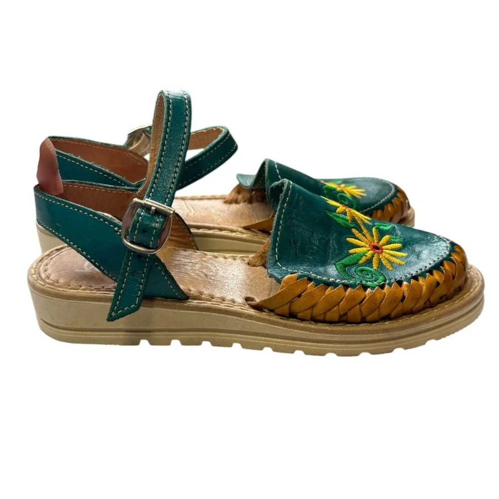 Mexican Huarache Leather‎ Floral Embroidered Slingback Sandals Boho Artisan 5